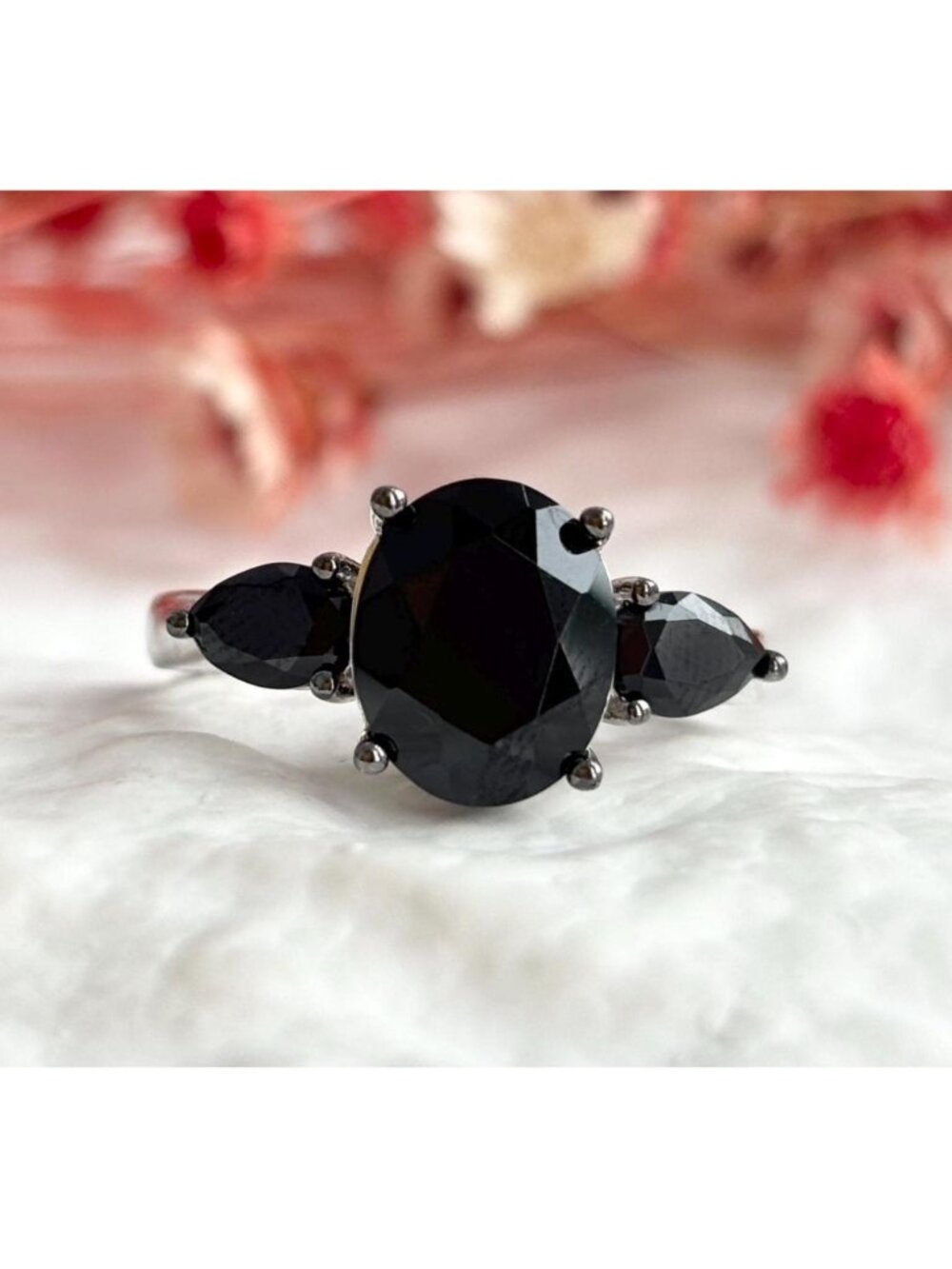 Triple  Black Onyx Gemstone Minimalist Sterling Silver 925 Vintage Ring - sz 8